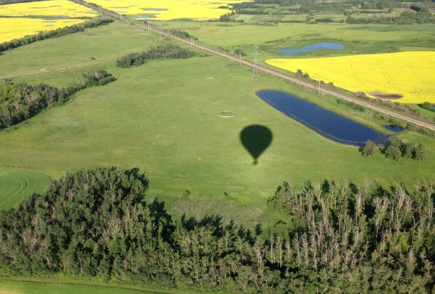 Picture of hot air balloon flying over field
